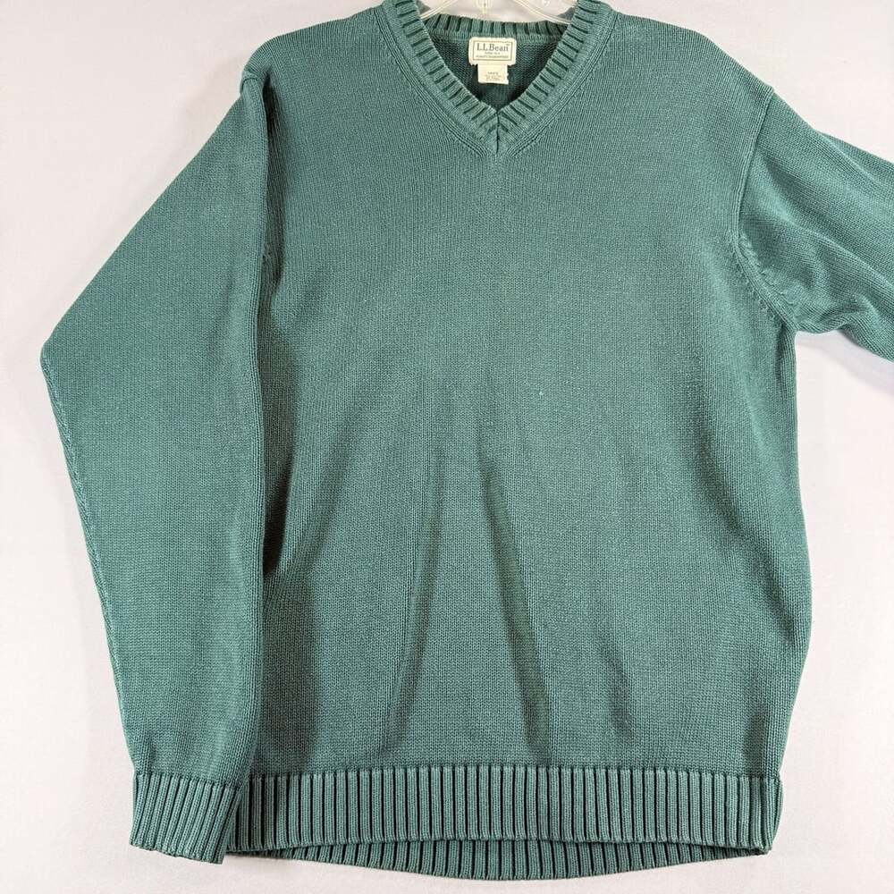 Vintage 90s Y2K L.L.Bean Men’s M Tall Green 100% Cotton V-Neck Sweater Preppy
